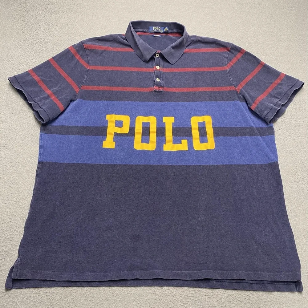 Polo Ralph Lauren Polo Shirt Mens 2XL Blue Stripe Classic Fit POLO Logo Front